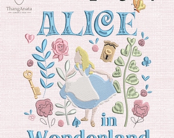 Disegno da ricamo Magic Kingdom, ricamo ragazza nel paese delle meraviglie, file da ricamo con fiori per ragazza nel paese delle meraviglie, ricamo con specchio di gatti alla moda