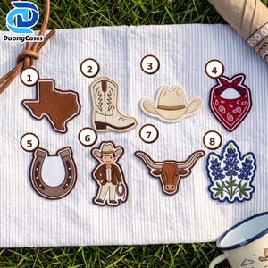 Conjunto de parches bordados del Oeste, parches termoadhesivos para sombrero de vaquero, botas, Texas Longhorn, herradura, pañuelo y lupino azul.
