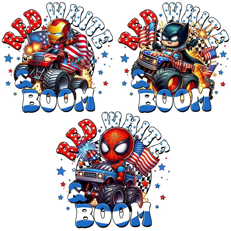 Puede incluir: Tres ilustraciones de superh&eacute;roes Iron Man, Batman y Spider-Man conduciendo monster trucks. Cada cami&oacute;n est&aacute; decorado con banderas americanas y colores patri&oacute;ticos. El texto incluye "Red, White & Boom" en una fuente festiva, con fuegos artificiales y estrellas.