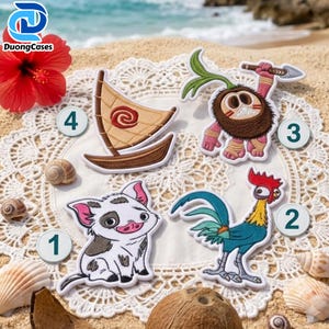 May include: Four embroidered patches featuring characters and a boat from the movie Moana. The set includes a white piglet, a colourful rooster, a brown coconut creature holding a spear, and a tan sailboat with a red spiral design on the sail.