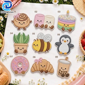 May include: A collection of nine embroidered patches featuring cute, smiling characters: a cinnamon roll, two marshmallows, a rainbow cake with a candle, a potted plant, a bee, a penguin, a donut, a croissant, and a bubble tea, numbered 01 to 09.