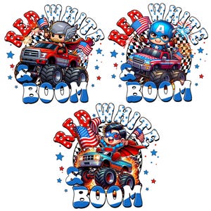 Puede incluir: Un gr&aacute;fico patri&oacute;tico con tres monster trucks, cada uno conducido por un superh&eacute;roe, banderas americanas y las palabras "Red, White & Boom". Los camiones son rojos, azules y turquesas, con el texto en rojo, blanco y azul. Estrellas y fuegos artificiales completan el dise&ntilde;o.