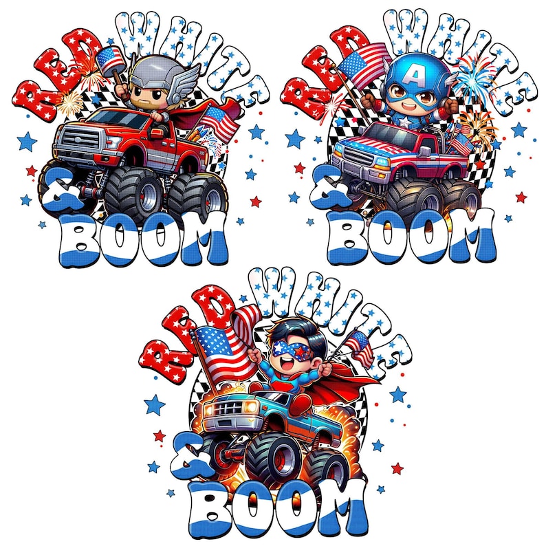 Puede incluir: Un gr&aacute;fico patri&oacute;tico con tres monster trucks, cada uno conducido por un superh&eacute;roe, banderas americanas y las palabras "Red, White & Boom". Los camiones son rojos, azules y turquesas, con el texto en rojo, blanco y azul. Estrellas y fuegos artificiales completan el dise&ntilde;o.