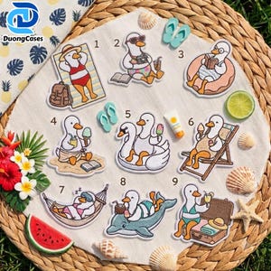 May include: A collection of nine embroidered patches featuring white ducks in various summer vacation activities, including lounging on a towel, reading in a pool float, eating ice cream, relaxing in a hammock, riding a dolphin, and packing a suitcase.