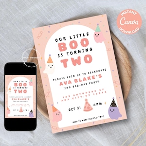 Little Boo Birthday Invitation: Pastel Halloween Party, Editable Canva Template (Digital Download