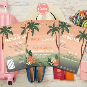 Tropical Bachelorette Party Itinerary, Invite & Packing List: Editable Canva Template (Digital Download)