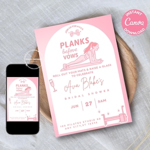 Pilates Bridal Shower Invitation: Planks Before Vows, Editable Canva Template (Digital Download)
