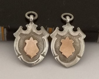 Pair of Antique Sterling Silver Fob Medal Pendants with Blank Rose Gold Cartouche Hallmarked Birmingham 1925 Robert Pringle & Sons