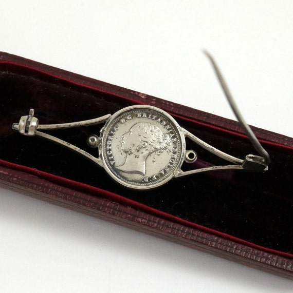 Antique 1855 Britannia Fourpence Silver Coin Bar … - image 2
