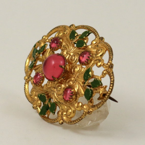 Vintage Art Deco Czech Brooch with Pink Glass Cab… - image 2