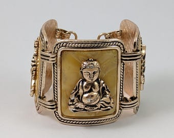 Vintage Midcentury Celluloid Panel Link Bracelet with Oriental Buddha, 6 inches Small Size