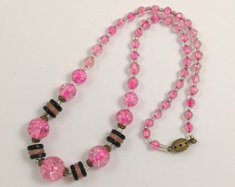 Vintage Art Deco Pink Crackle Glass Bead Necklace 16.5 inches or 42 cm