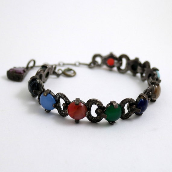 Vintage Scottish Celtic Bracelet: Multicolour Faux Agate Glass Stones, Adjustable 7.5" - 9"