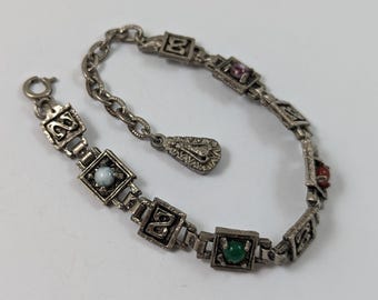 Vintage Scottish Celtic Bracelet: Multicolour Faux Agate Glass Stones, Adjustable 7" - 8.5"