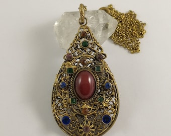 Vintage Art Deco Czech Filigree Pendant Necklace with Multicolored Glass Stones 18.5 inches 47cm Chain