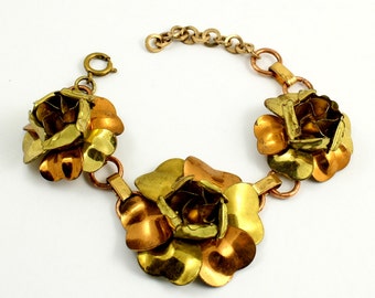 Vintage Two Tone Metal Flower Bracelet Yellow Gold and Copper Tone Rose Adjustable Bracelet