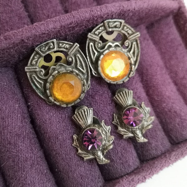 Vintage 2 Pairs of Celtic Scottish Clip on Earrings Purple Thistle Foiled Back Paste Stones Silvertone metal