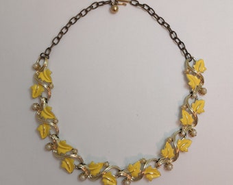 Vintage Signed ART Arthur Pepper Yellow Enameled Leaf Choker Adjustable Necklace 15" or 38cm