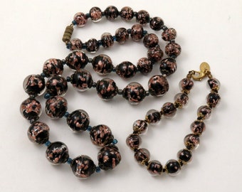 Vintage Venetian Murano Sommerso Aventurine Glass Bead Necklace and Bracelet Set Black and Copper