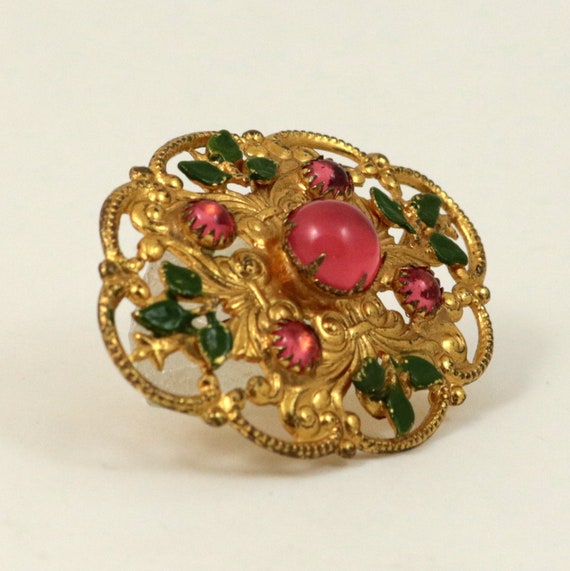 Vintage Art Deco Czech Brooch with Pink Glass Cab… - image 3