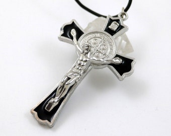 Vintage St Benedict Crucifix Cross Pendant Necklace Black Enamel 3 inches