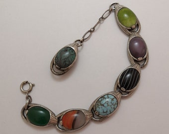 Vintage Signed MIRACLE Bracelet with Colorful Faux Agate Style Glass Stones Adjustable 7" - 8"