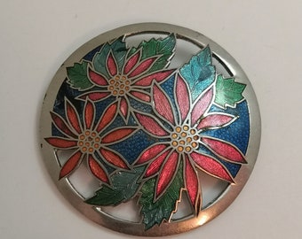 Vintage Cloisonne Enamel Poinsettia Brooch Pin