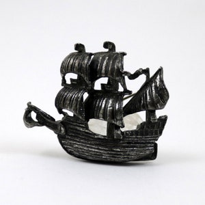 Vintage Signed Miracle Galleon Sailing Ship Brooch Pin: Aged Dark Silver Tone
