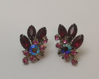 Vintage 1950s Red and Pink Rhinestone Stud Earrings