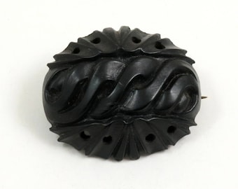 Antique 1880 Victorian Mourning Jewelry Brooch Pin: Black Carved Pressed Horn