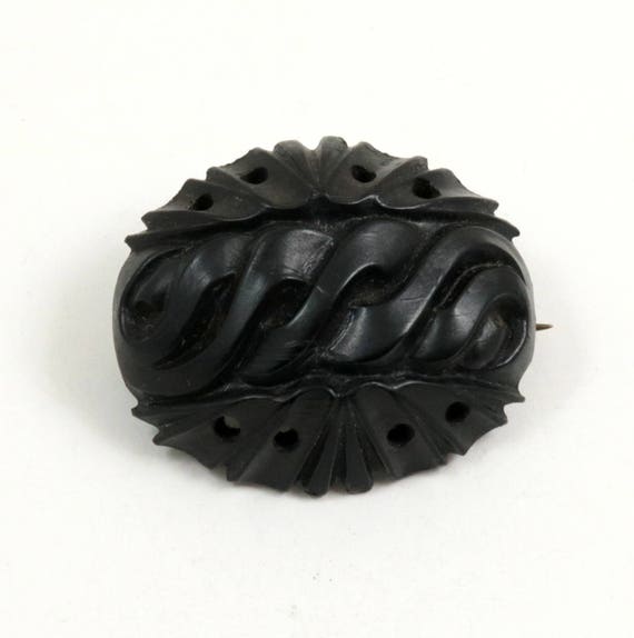 Antique Victorian Mourning Brooch Carved Pressed … - image 1