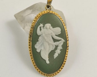 Vintage Wedgwood Pendant, Silver Gilt Green Jasperware Dancing Hours Cameo Pendant Gold Plated on Sterling Silver