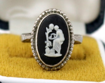 Vintage Boxed Wedgwood Ring: Sterling Silber, Schwarzer Jaspis, Größe 75 oder N