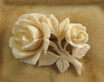 Vintage Carved Bone Rose Brooch Pin