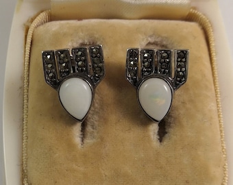 Vintage Art Deco Style Silver Marcasite and White Opal Stud Earrings