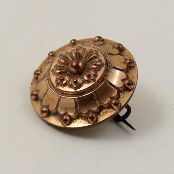 Antique Edwardian French Repousse Round Domed Brooch Pin, Gold Tone