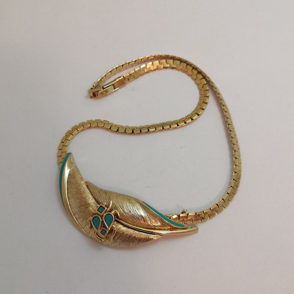 Vintage Signed Orena Paris Gold Tone or Plated Turquoise Enamel Leaf and Bug Choker Necklace 35.75 inches or 40cm