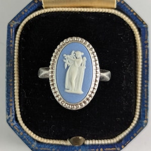 Vintage Wedgwood Ring Sterling Silver Light Blue Jasperware Cameo, US Size 7.25, UK Size O