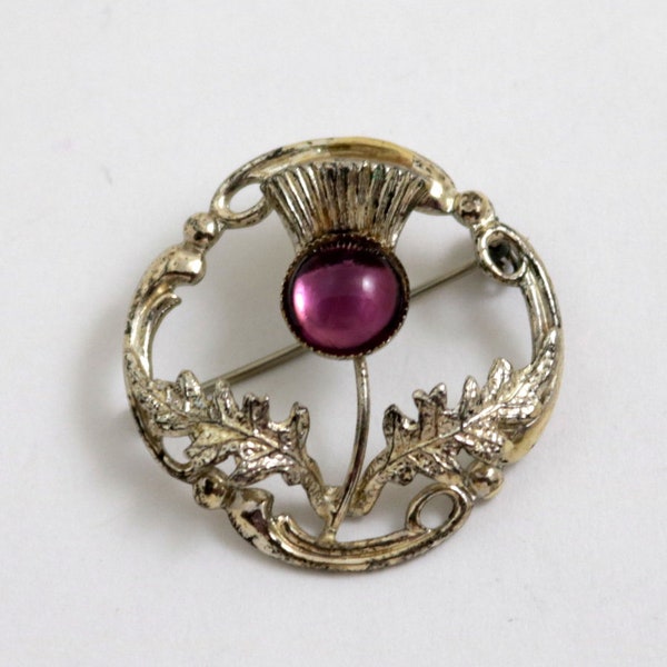 Vintage Ward Brothers Mizpah Thistle Brooch Pin Silver Plated with Purple Glass Cabochon