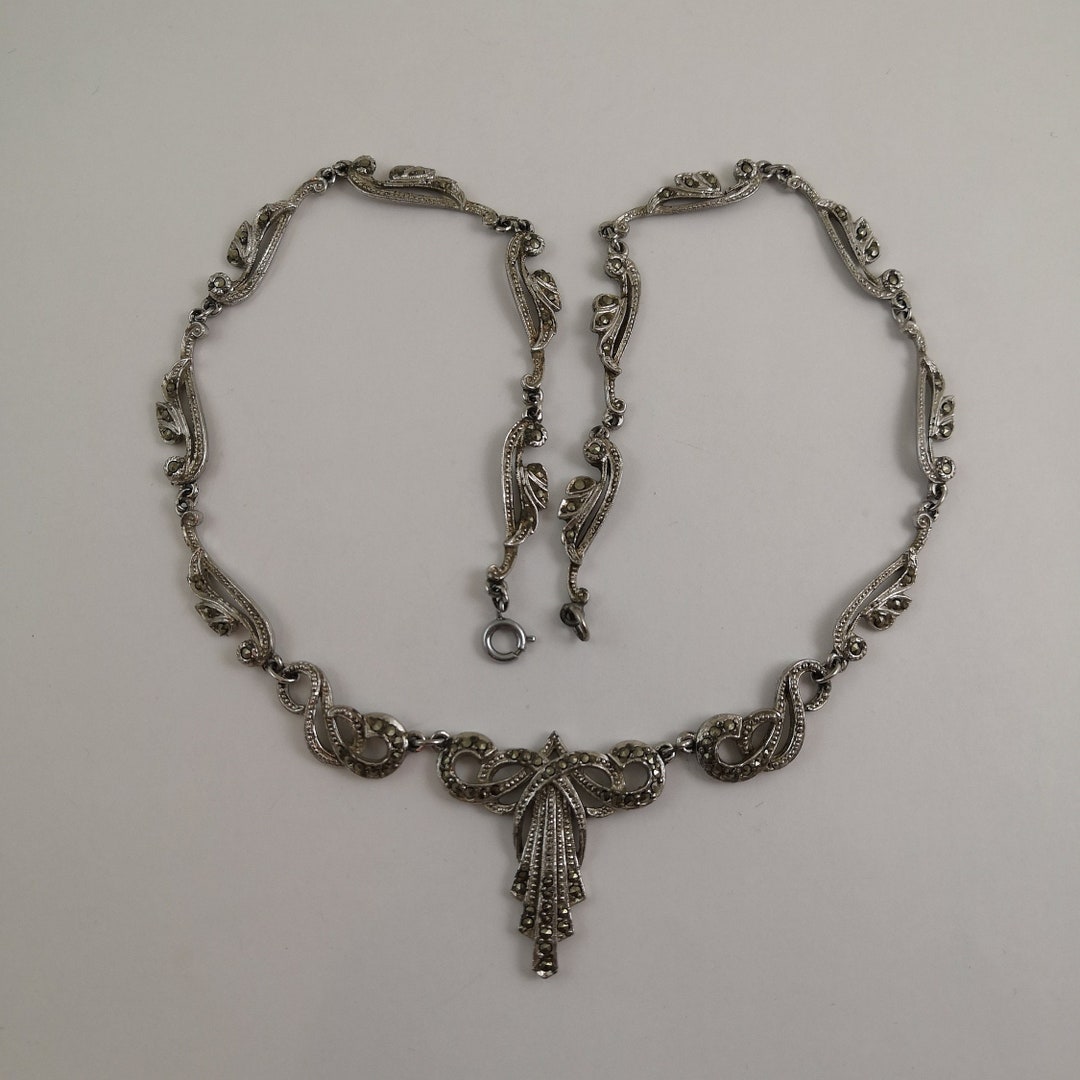Collier Art Déco En Corail & Argent 835 - Perles Facetées & Marcassites - 41.5 Cm - Occasion