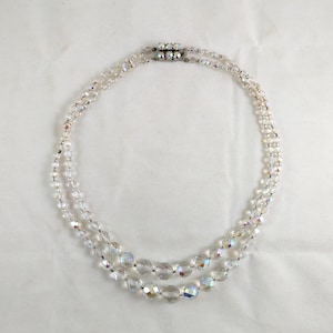 Vintage Double Strand Aurora Borealis Glass Crystal Necklace 17 inches 43 cm