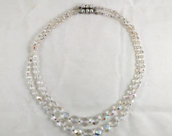 Vintage Double Strand Aurora Borealis Glass Crystal Necklace: 17 inches 43 cm