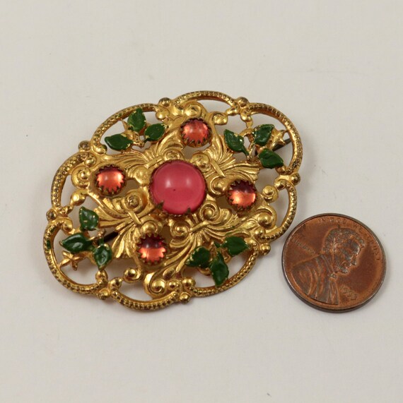 Vintage Art Deco Czech Brooch with Pink Glass Cab… - image 5