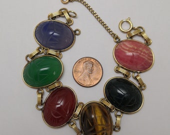 Vintage 1/20 12K GF Gold Filled Scarab Bracelet with Large Carved Semi Precious Stones 8 inches or 20cm