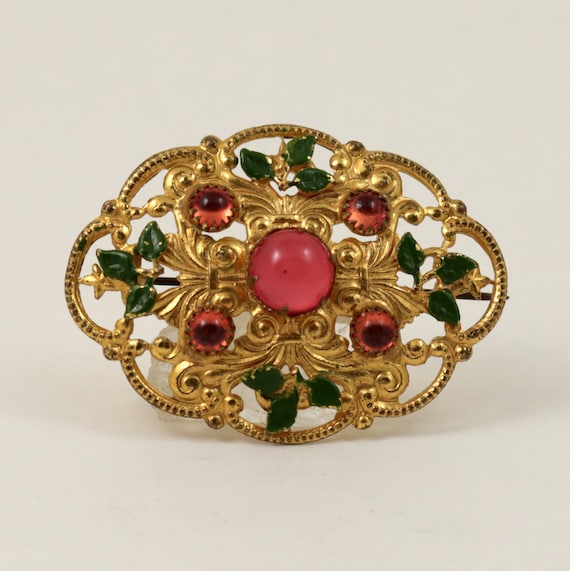 Vintage Art Deco Czech Brooch with Pink Glass Cab… - image 1