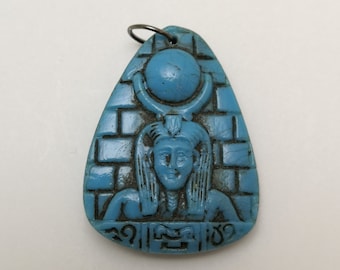 Vintage Art Deco Max Neiger Style Pendant Czech Glass Egyptian Revival Pharaoh Tutankhamun Double Sided Turquoise Blue