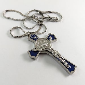Vintage Silvertone St Benedict Crucifix Cross Pendant Necklace Blue Enamel 3 inches with 22 inches Chain