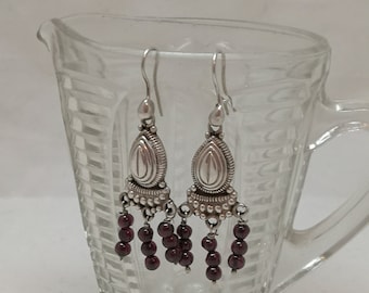 Vintage Garnet Chandelier Earrings 925 Sterling Silver