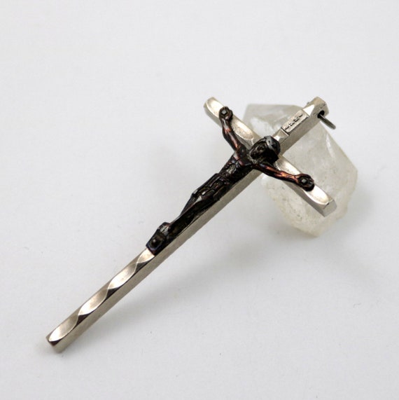 Vintage Silvertone Metal Crucifix INRI Cross Pendant, Marked ITALY, 2.5 inches or 6.5cm