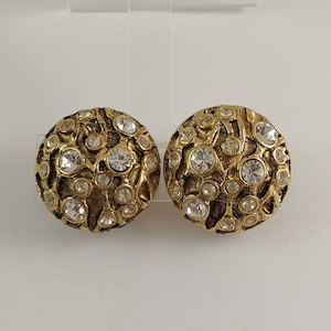 Vintage Signed P&M PARIS Gold Tone Domed Circular Crystal Clip on Earrings